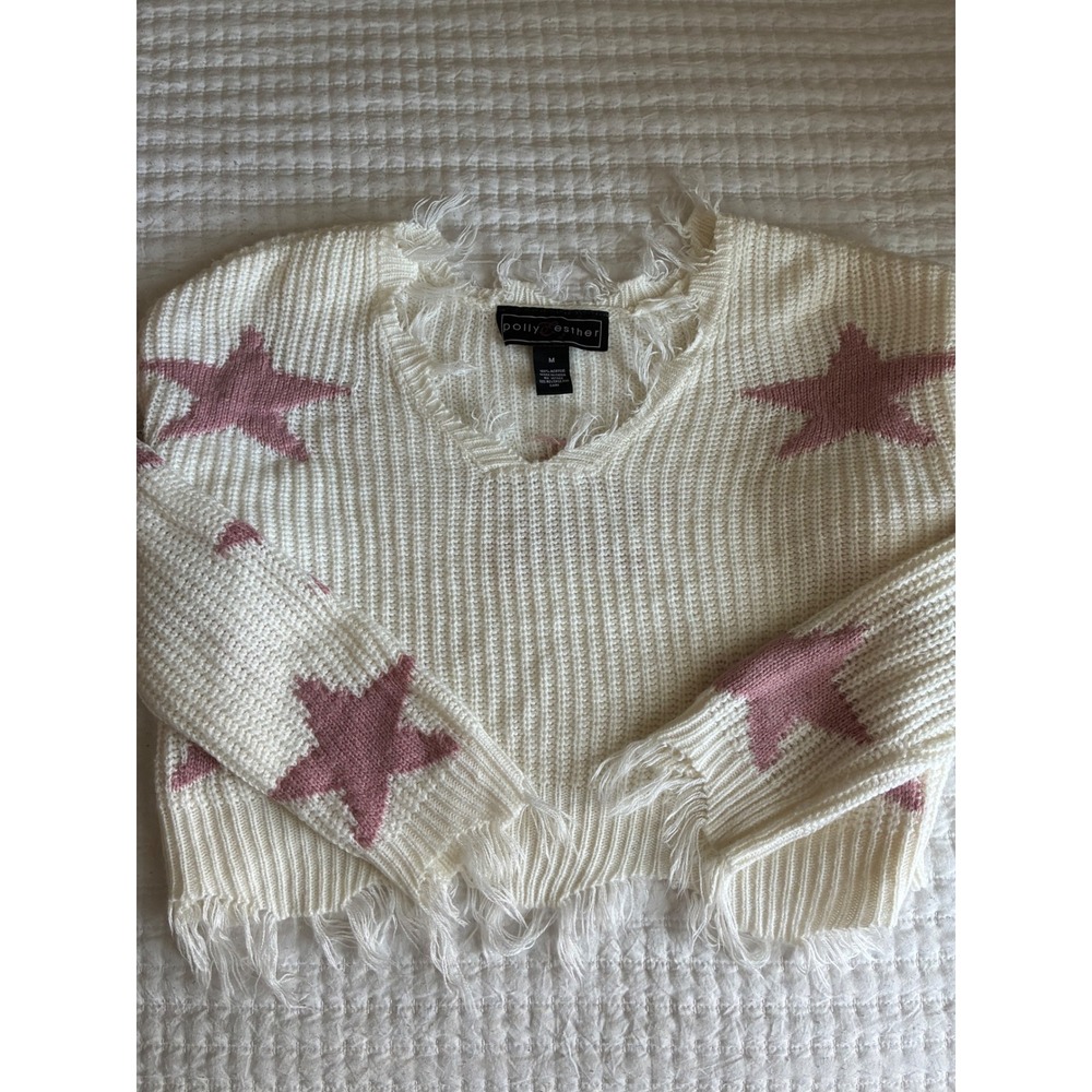 Polly & Esther Distressed Star Print Sweater Cream Mauve Celestial M Oversized